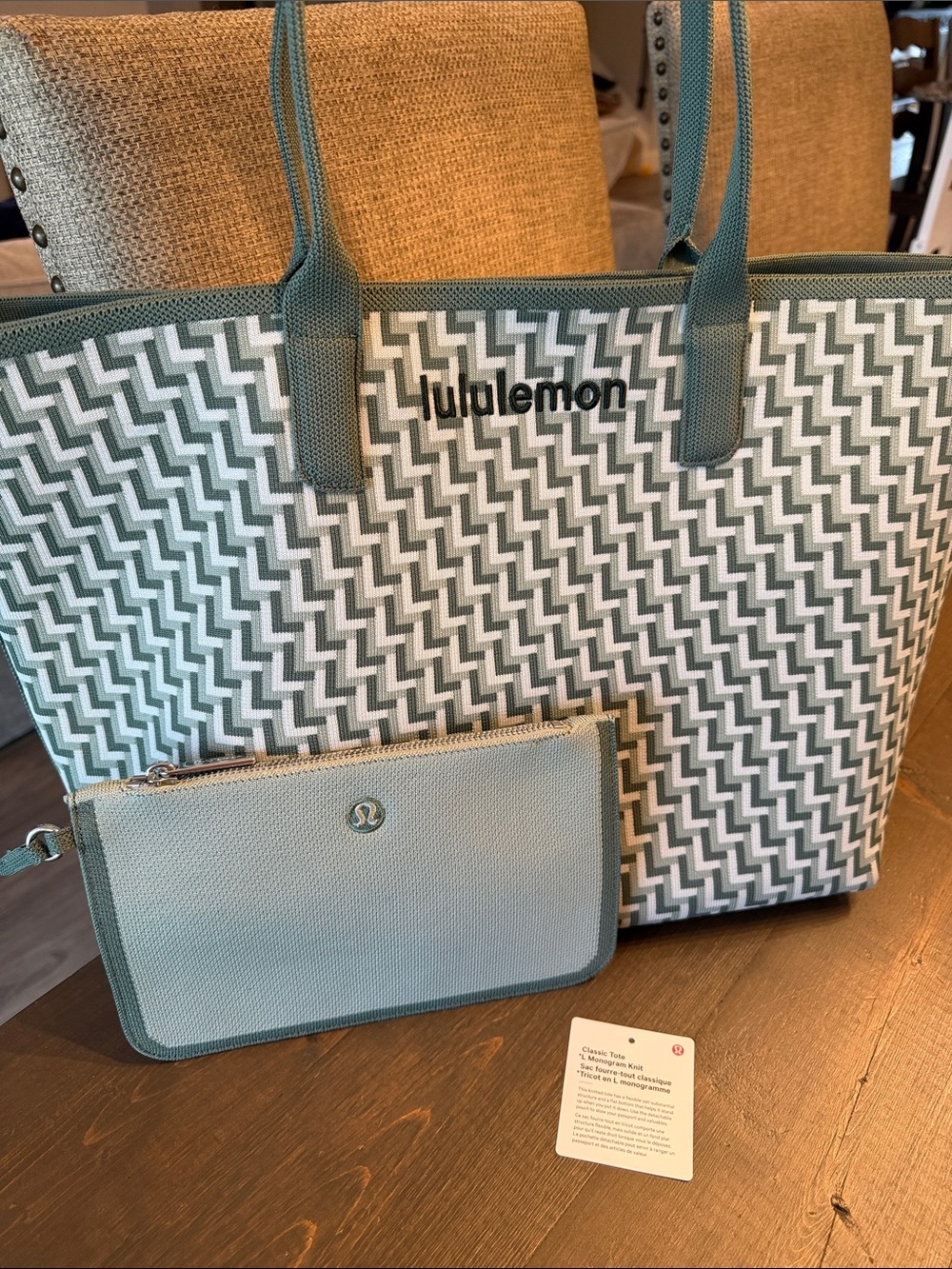 Like New Large Lululemon Classic Tote L Monogram Knit Eucalyptus/Jade Gray